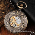 Vintage Wood Circle Carved Number Dial Mechanical Pocket Watch Men Unique Hollow Steampunk Bronze Mechanical Clock Watch chain